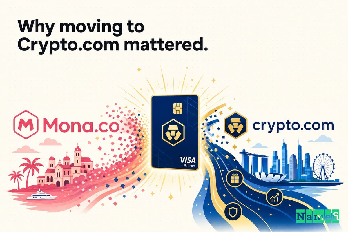Vivid colorful editorial illustration of the Monaco "Mona.co" name dissolving into the navy-blue Crypto.com brand with its golden lion-head logo, a Visa-style card glowing at the center