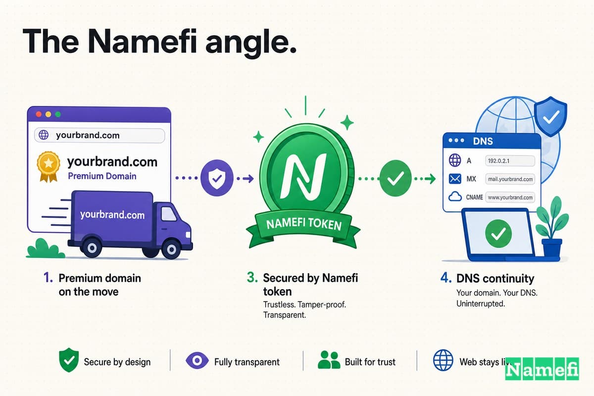Colorful illustration of a premium domain moving through verified transfer, a green Namefi token, and DNS continuity