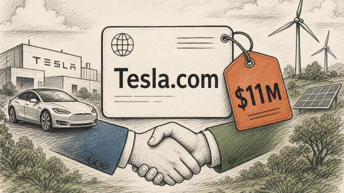 Editorial diagram of the $11 million Tesla.com acquisition as a premium-domain transaction