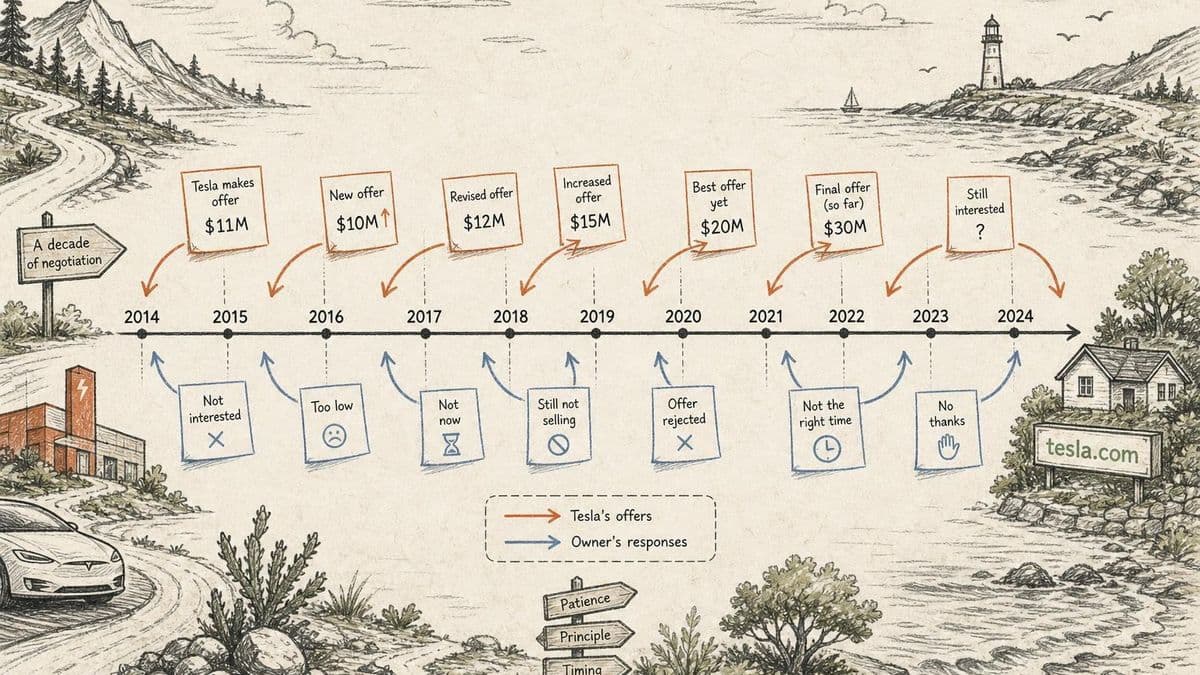 Editorial diagram of a long domain negotiation between Tesla and the longtime owner of Tesla.com
