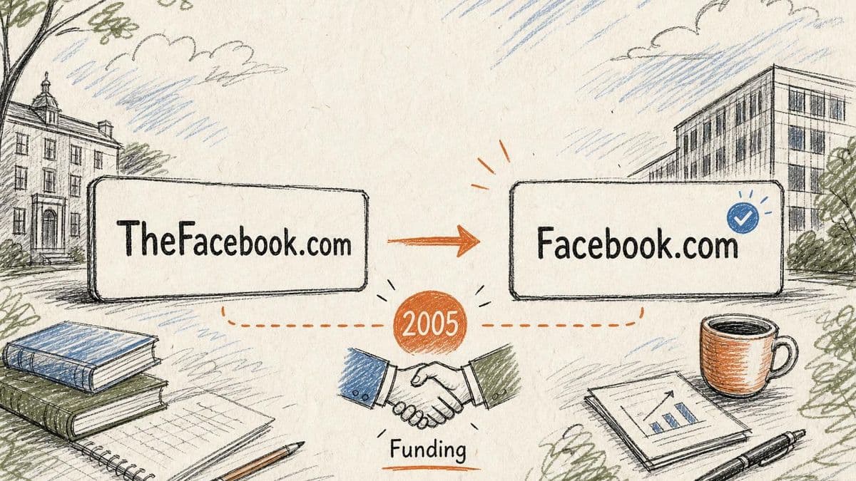 Editorial diagram showing TheFacebook.com becoming Facebook.com after the 2005 funding context