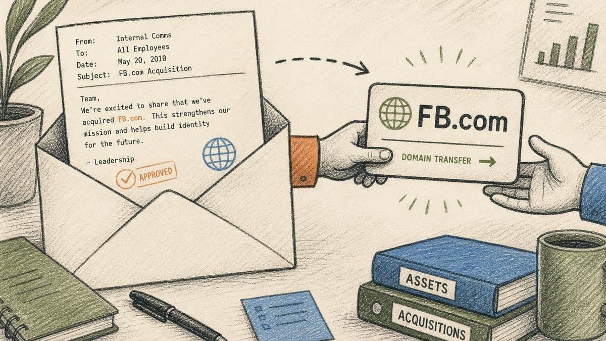 Editorial diagram of the FB.com acquisition as an internal email and domain-transfer asset