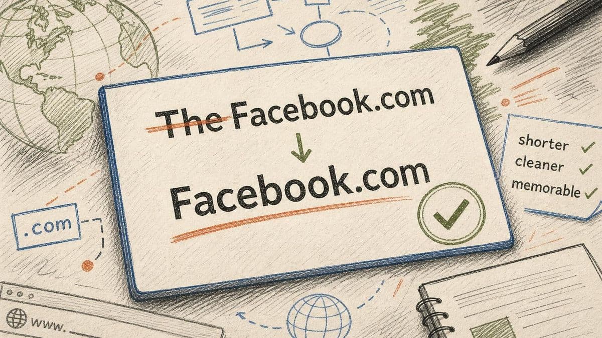 Editorial illustration of TheFacebook.com losing the word The and becoming the cleaner Facebook.com brand