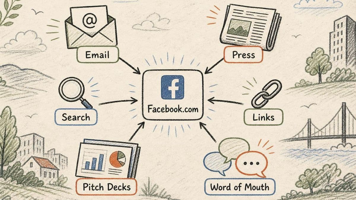 Editorial diagram showing Facebook.com repeated across email, press, search, links, pitch decks, and word of mouth