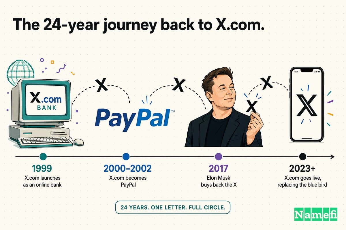 Colorful editorial illustration of Elon Musk's single black letter X traveling across a 24-year timeline — from a 1999 dot-com-era online bank, through the blue PayPal wordmark, back into his hands in 2017, and finally onto a smartphone replacing the Twitter blue bird