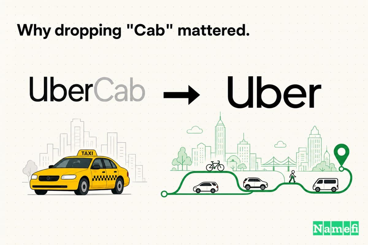 Colorful illustration of UberCab dropping the word Cab and a yellow taxi to become the clean black Uber brand