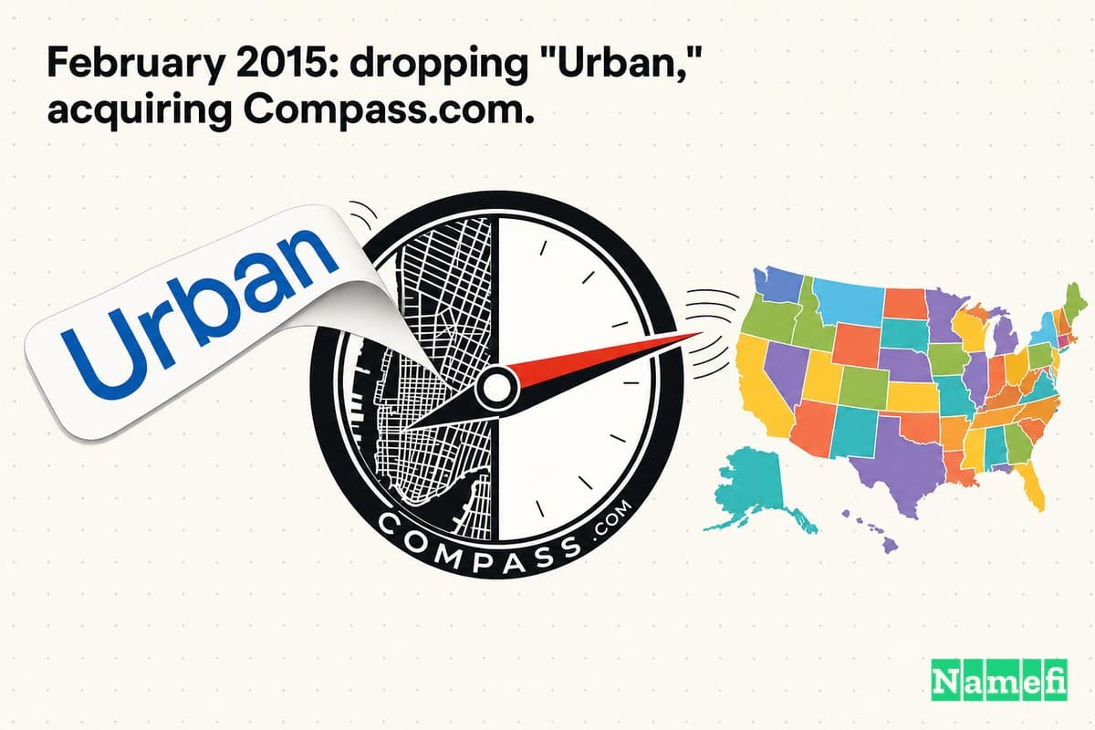 Colorful editorial illustration of the word "Urban" peeling away from a sleek black-and-white compass logo, the compass needle swinging from a tight Manhattan street grid outward toward a wide map of the United States