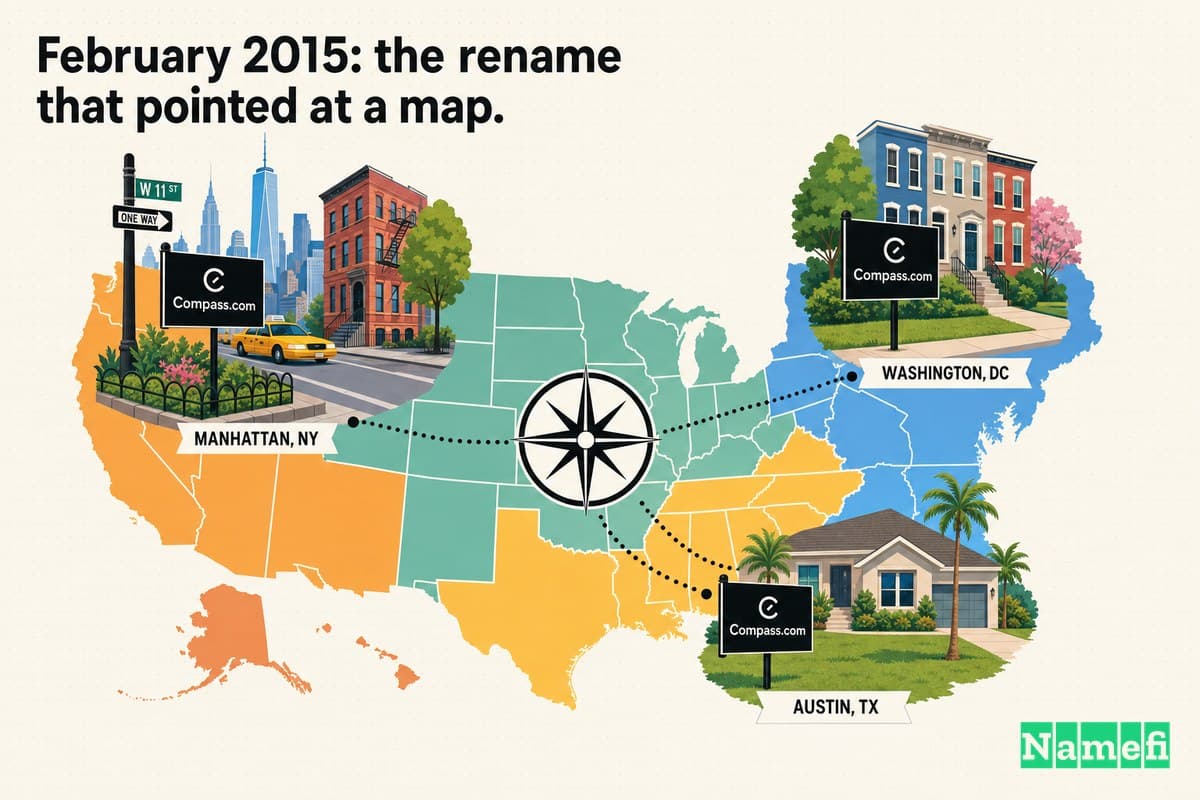Colorful editorial illustration of a black Compass yard sign being planted in city after city across a stylized US map — from a Manhattan block to a DC row house to a Sun Belt suburb — each sign reading "Compass.com," a single compass-rose motif tying the cities together