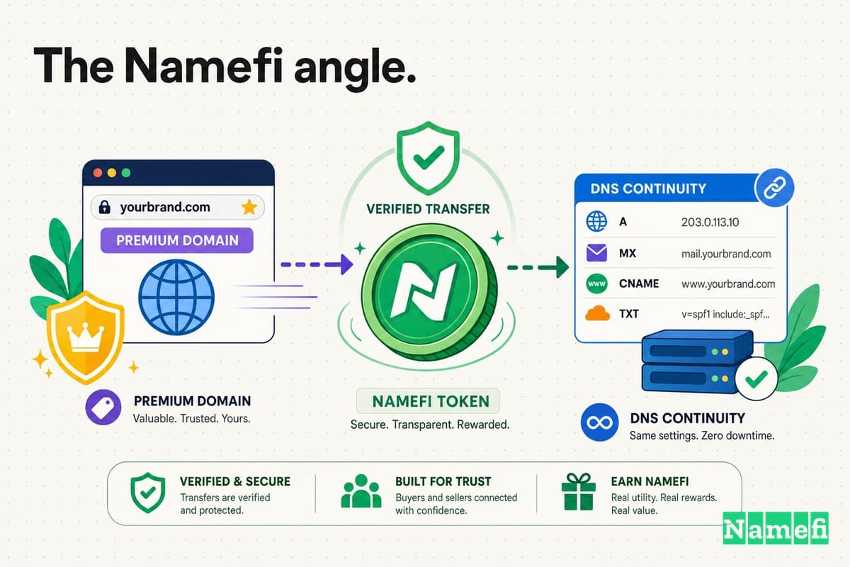Colorful illustration of a premium domain moving through verified transfer, a green Namefi token, and DNS continuity