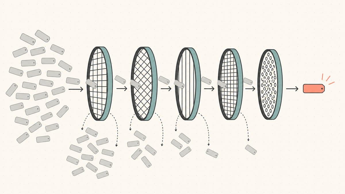 Editorial illustration of domain tags passing through a sequence of sieve gates with most rejected and one approved