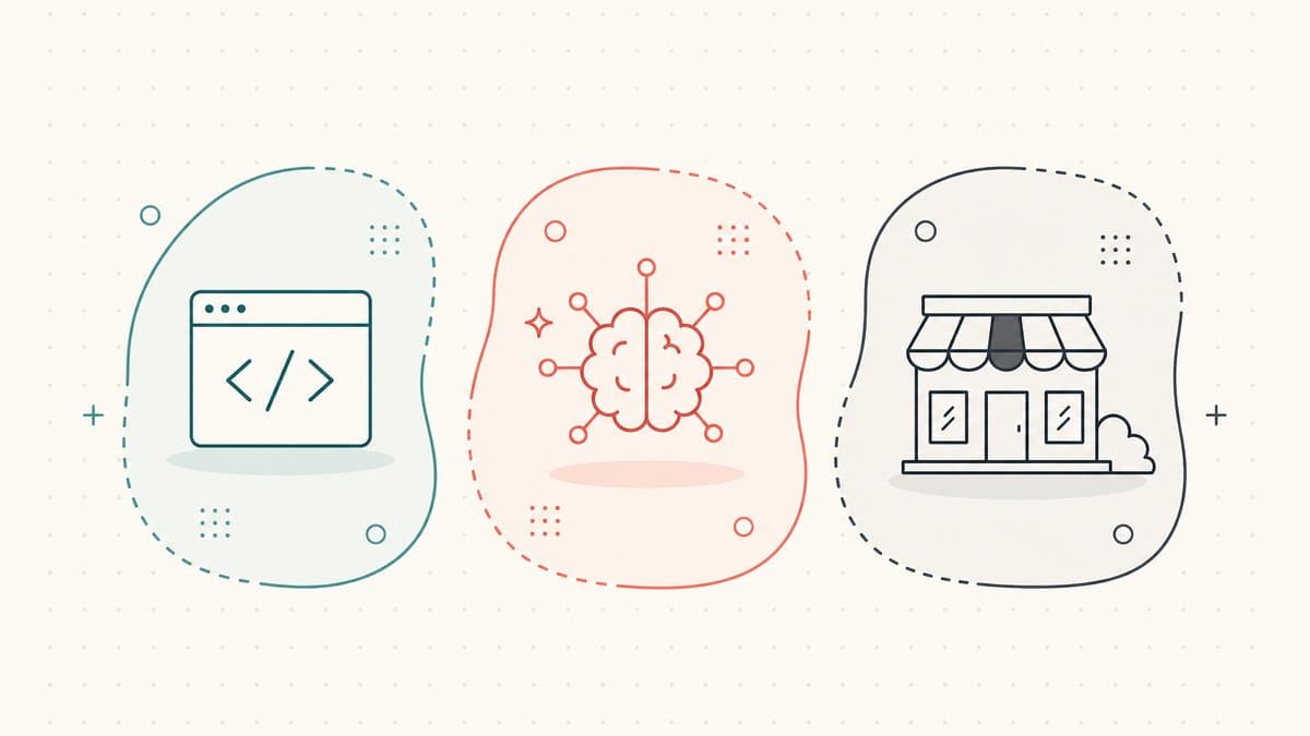 Editorial illustration of three distinct territory zones, each with its own native audience icon: a developer code window, an AI brain, and a company storefront