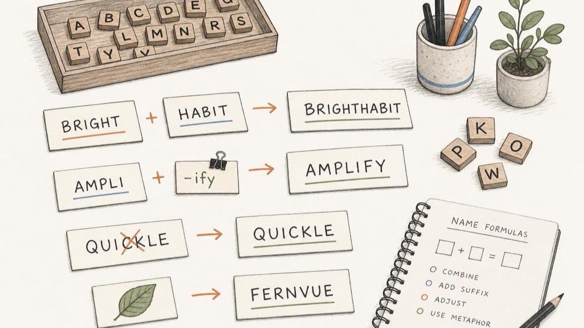 Editorial illustration of name-building: word tiles being combined into compounds, prefixes and suffixes, and playful misspellings