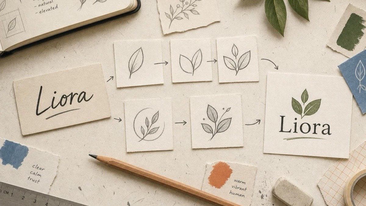 Editorial illustration of an abstract name word resolving into a simple iconic logo shape, such as a leaf or an arrow