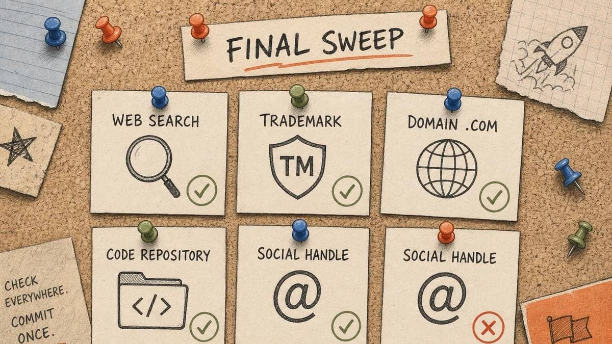 Editorial dashboard illustration of pre-launch name checks across web search, trademark databases, domain, GitHub, and social handles, each with a status mark