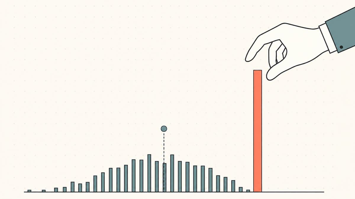 Editorial illustration of a hand picking the single tall outlier bar while ignoring the median cluster of ordinary sales