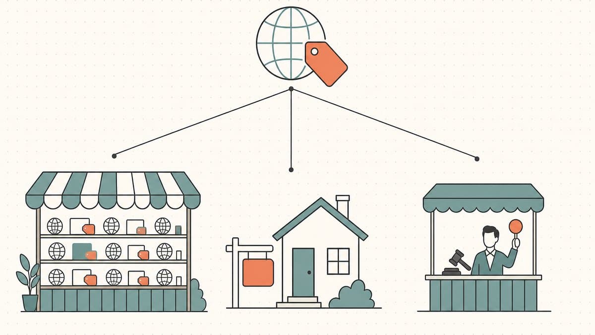 Editorial illustration of one domain name fanning out to three selling venues: a marketplace stall, a for-sale parked page, and an auction stand with a gavel