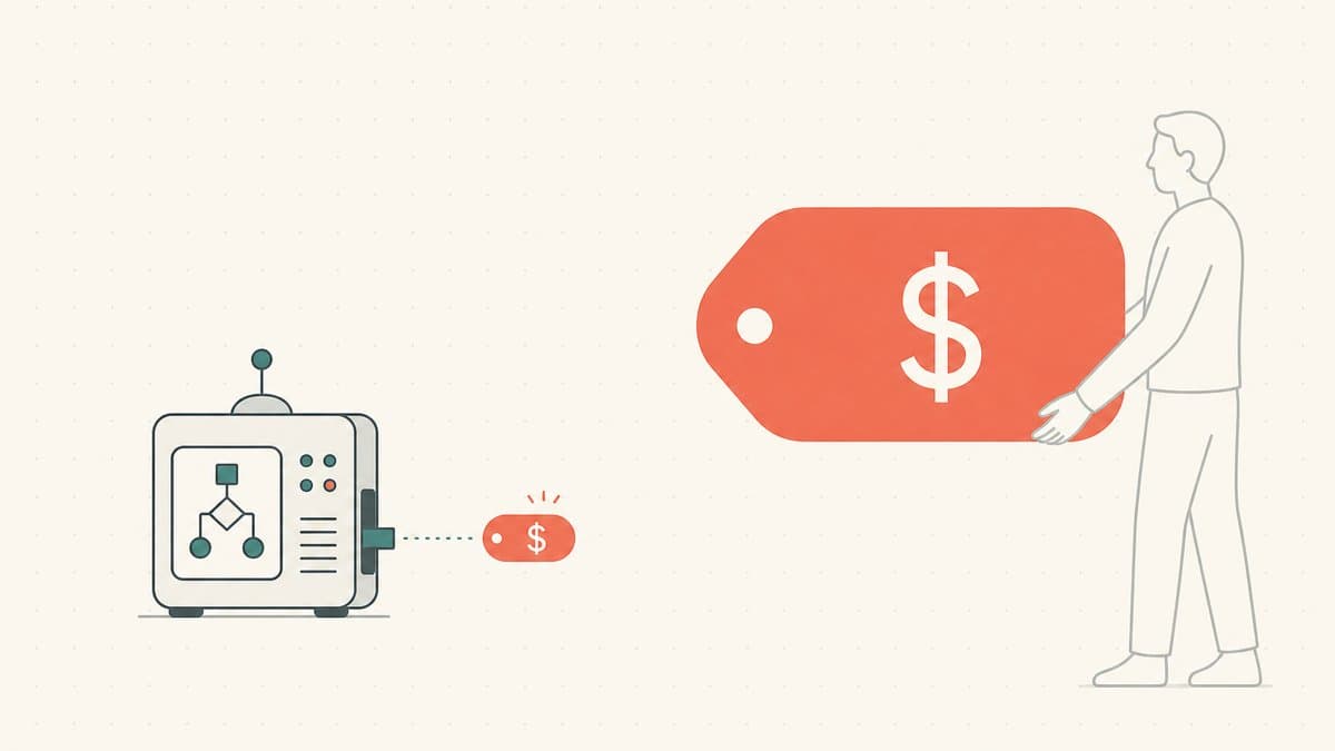 Editorial illustration of a small rounded algorithm box emitting a modest price chip, while a faint human silhouette at the edge holds a much larger price chip