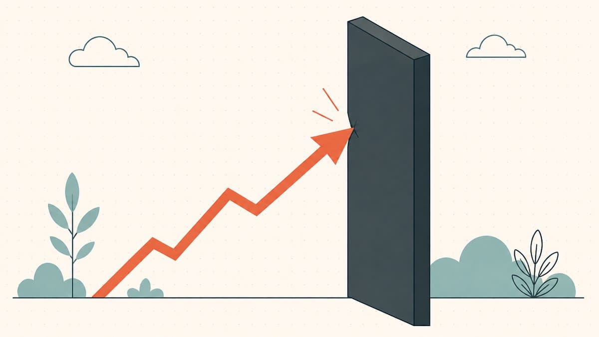 Editorial illustration of a rising price arrow slamming into a solid immovable wall that holds firm
