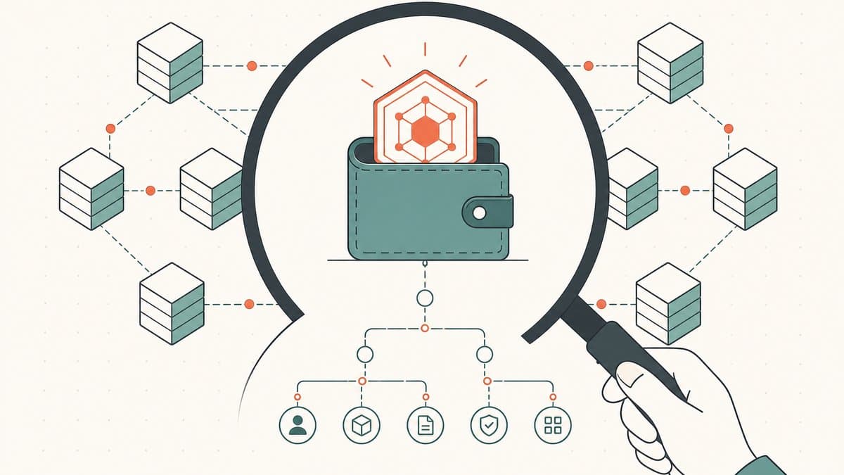 Editorial illustration of a magnifying glass revealing a wallet holding a domain NFT token, surrounded by a public ledger of blocks and a transparent provenance trail
