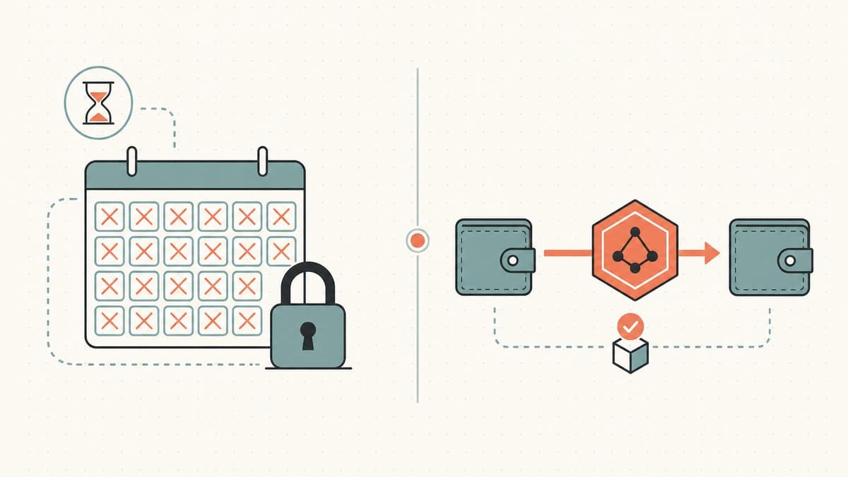 Editorial illustration contrasting a slow registrar transfer of crossed-off calendar days and a padlock against a fast on-chain transfer where a domain NFT moves between two wallets in one confirmed block