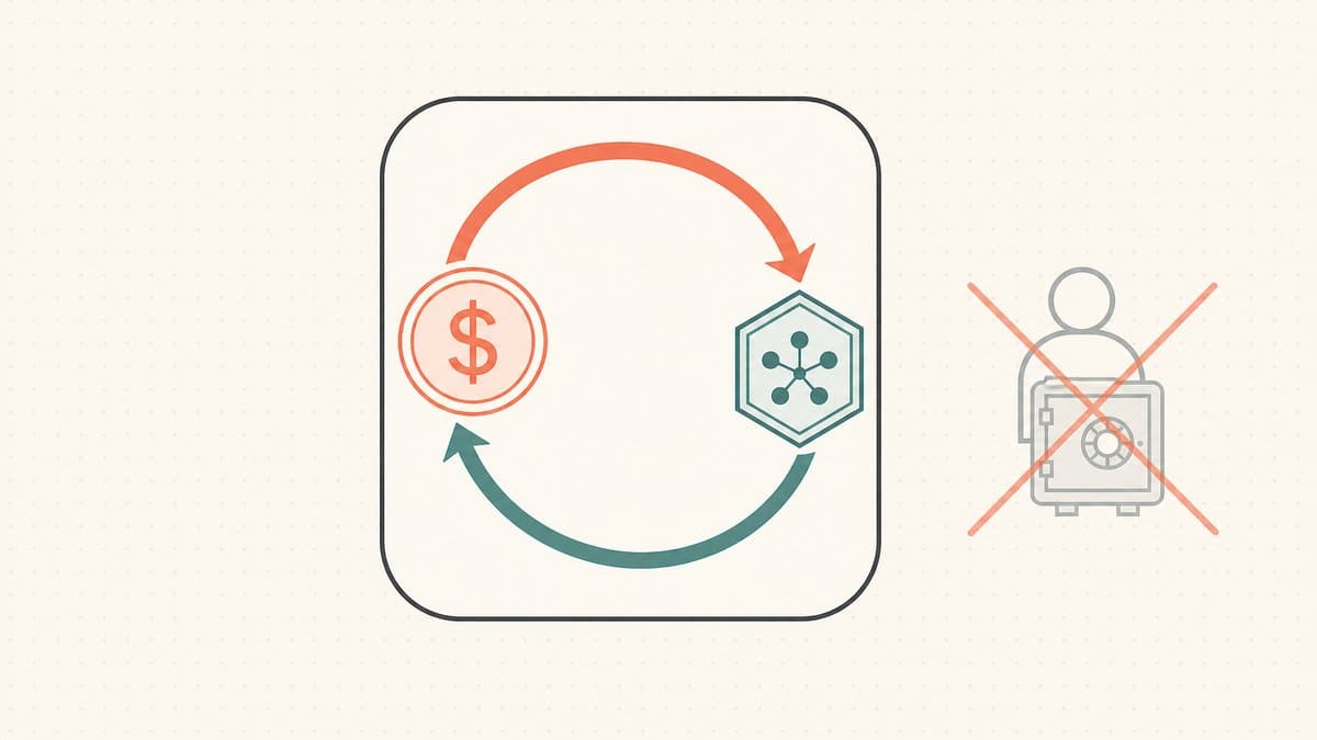 Editorial illustration of an atomic swap where a coin of money and a domain NFT token exchange simultaneously in a single loop, with a crossed-out escrow agent set aside as no longer needed