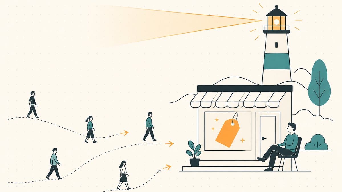 Editorial illustration of a for-sale storefront with a lighthouse beam drawing buyers who arrive on their own while the seller waits