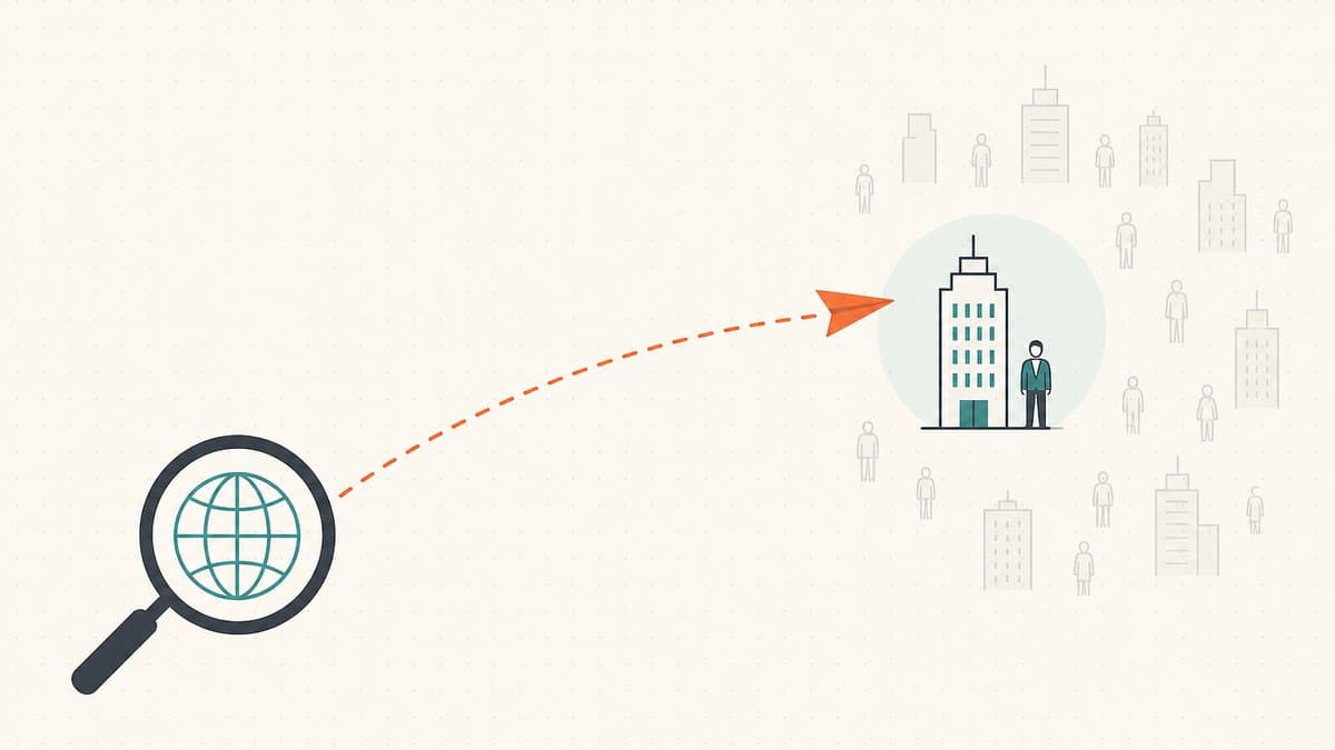 Editorial illustration of a magnifying glass sending a single targeted arrow to one specific building highlighted among a faint crowd