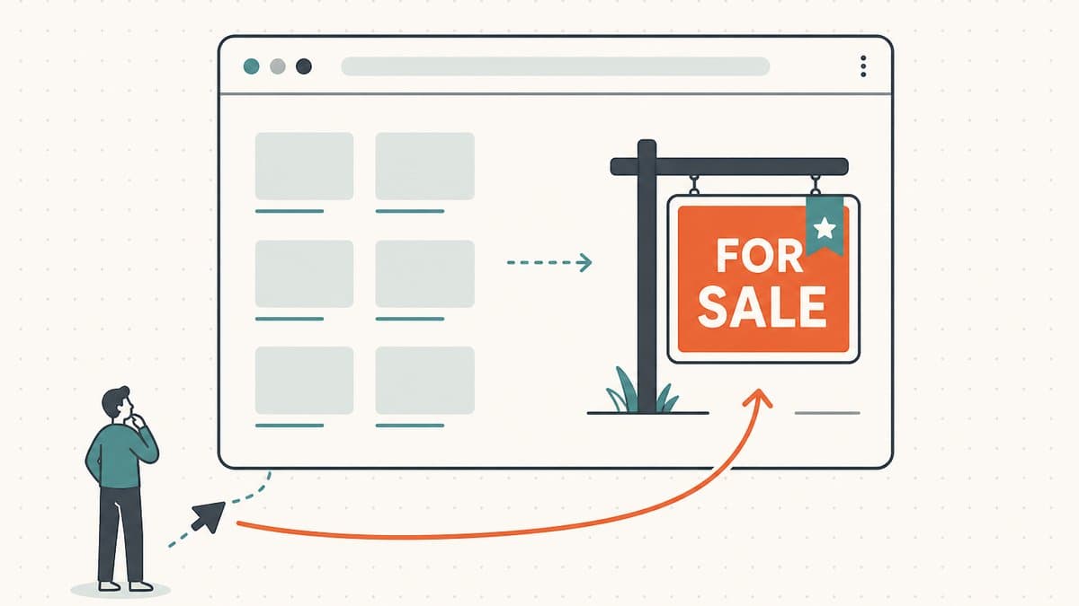 Editorial illustration of a parked-domain holding page where the generic ad-link grid gives way to a bold for-sale sign, pulling a curious visitor in instead of letting them leave