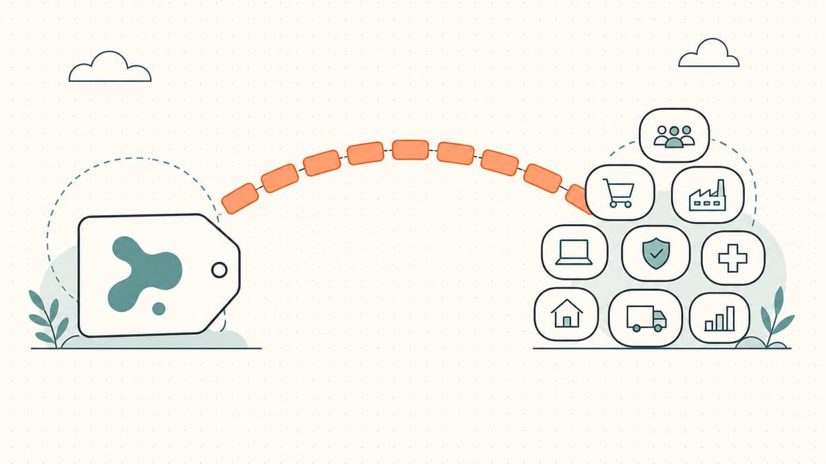 Editorial illustration of an invented-name tag bridged by a chain of keyword chips to a cluster of use-case and industry icons