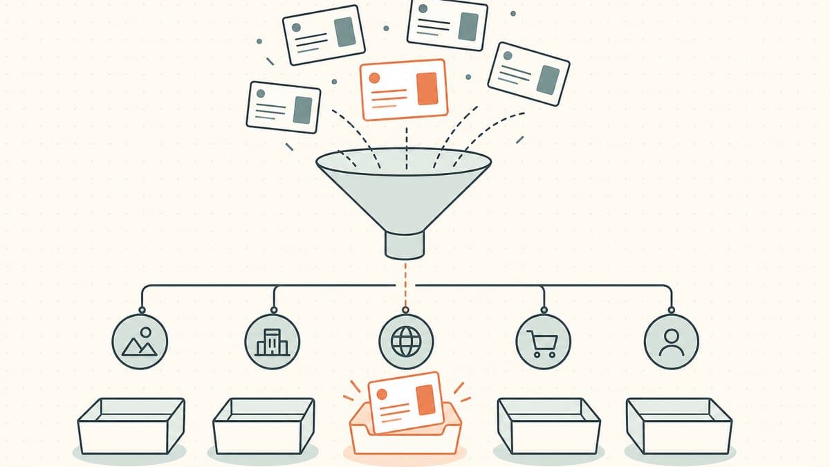 Editorial illustration of domain-name cards funneling into labeled category bins with one highlighted card landing in its correct matching bin