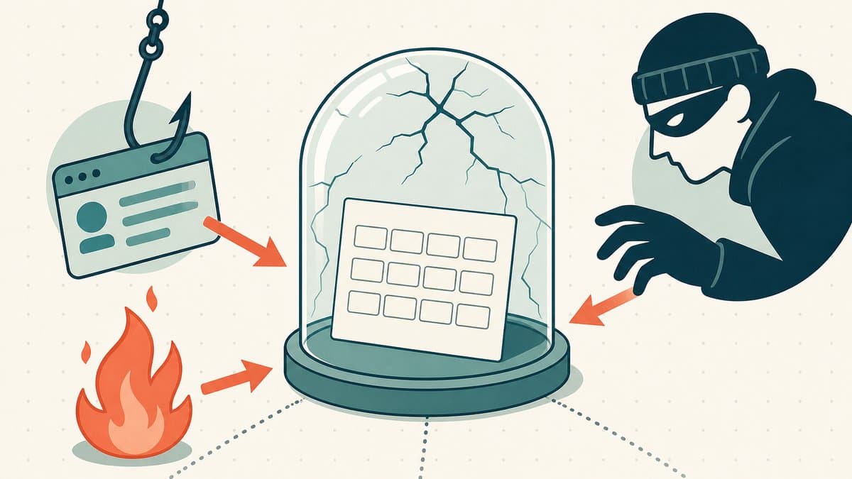 Editorial illustration of a paper recovery-phrase card with blank word-slots under a cracked glass dome, with a phishing hook, a flame, and a masked thief all converging on the single fragile card