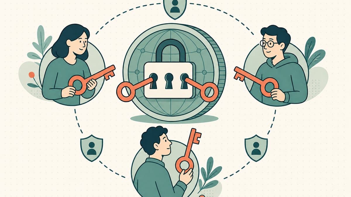 Editorial illustration of a domain-token coin guarded by a central lock needing two of three keys turning together, with three keyholder figures around it and a dashed guardian recovery circle linking them