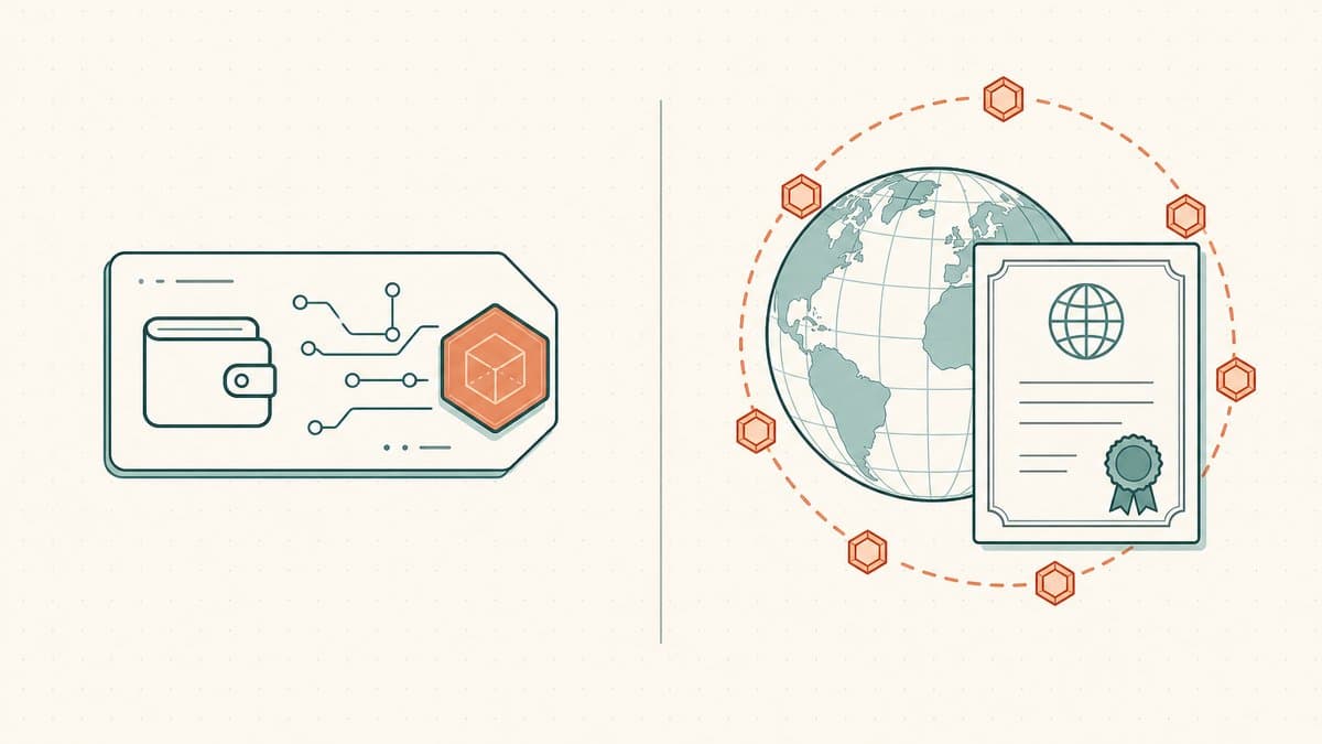 Editorial illustration of two different onchain name assets side by side — a wallet-identity chip with a token versus a globe and deed certificate ringed with NFTs