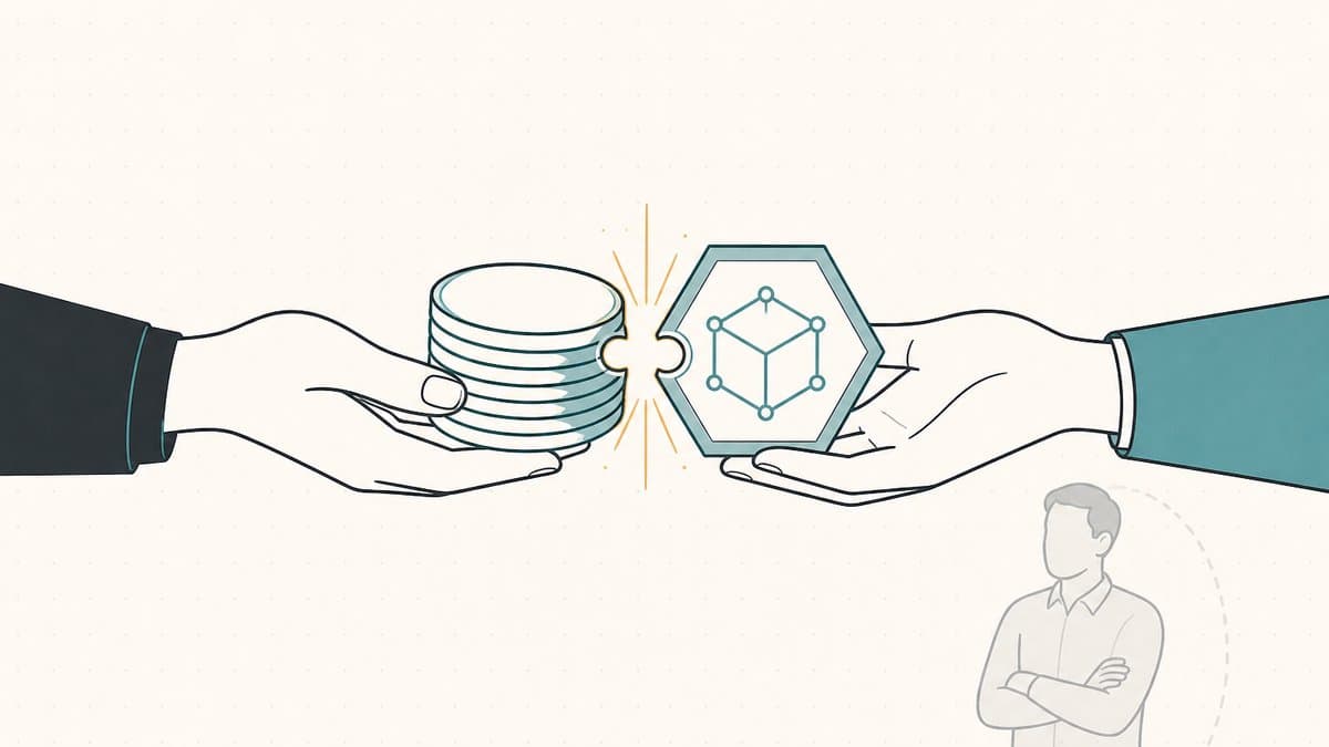 Editorial illustration of atomic settlement — coins and an NFT token interlocking like puzzle pieces between two hands, with a greyed-out escrow agent set aside