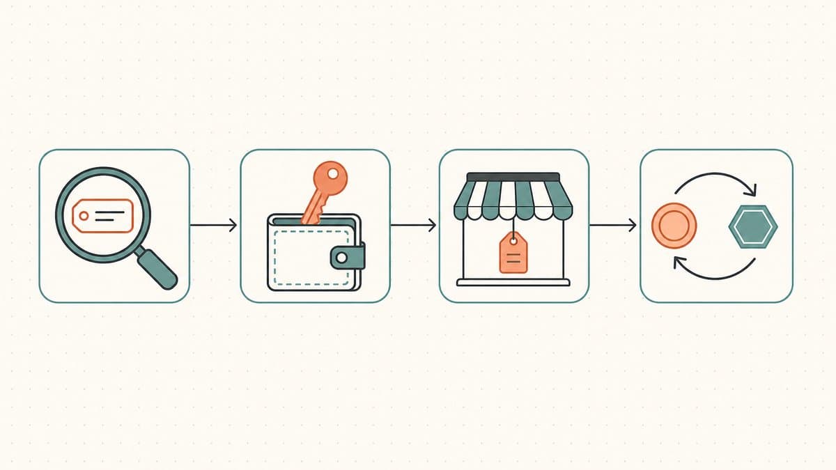 Editorial illustration of a four-step onchain flip flow — a magnifier over a name tag, a key and wallet, a marketplace storefront, and a circular coin-for-token swap