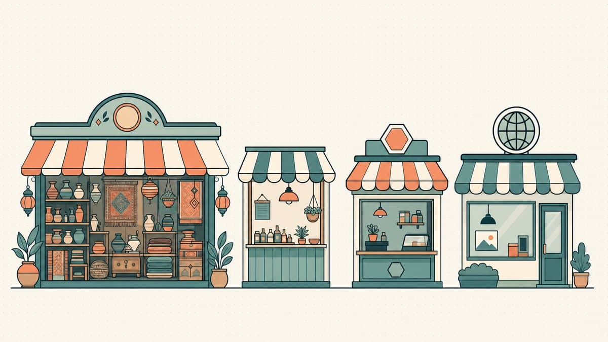 Editorial illustration of four flat storefronts side by side under striped awnings — a large general bazaar, a lean minimal stall, a small hexagon-sign kiosk, and a domain-native shop with a globe sign