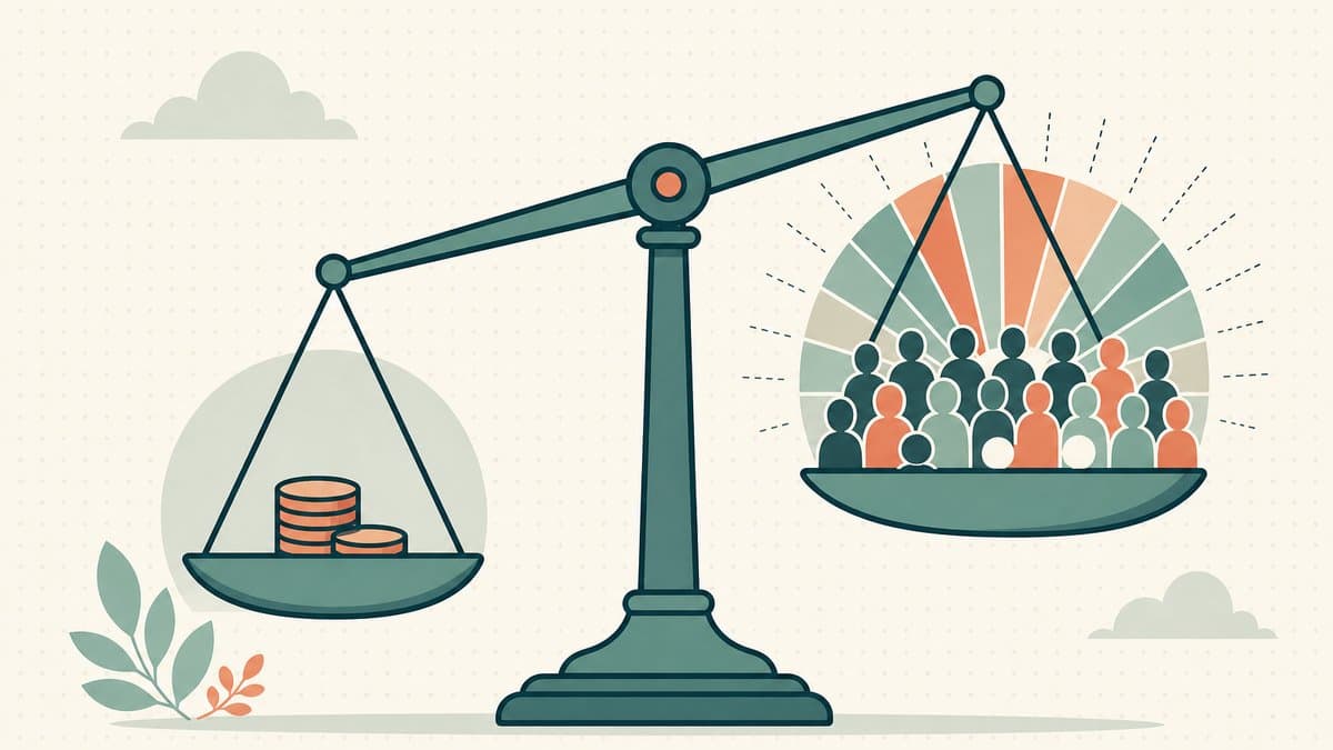 Editorial illustration of a two-pan balance scale weighing a small coin-stack of low fees against a wide radiating fan of audience reach