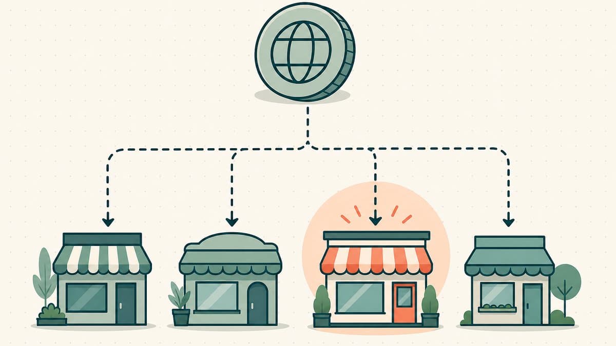 Editorial illustration of a single domain-token coin routed down branching dashed paths to the best-fit storefront among several, like a decision flow