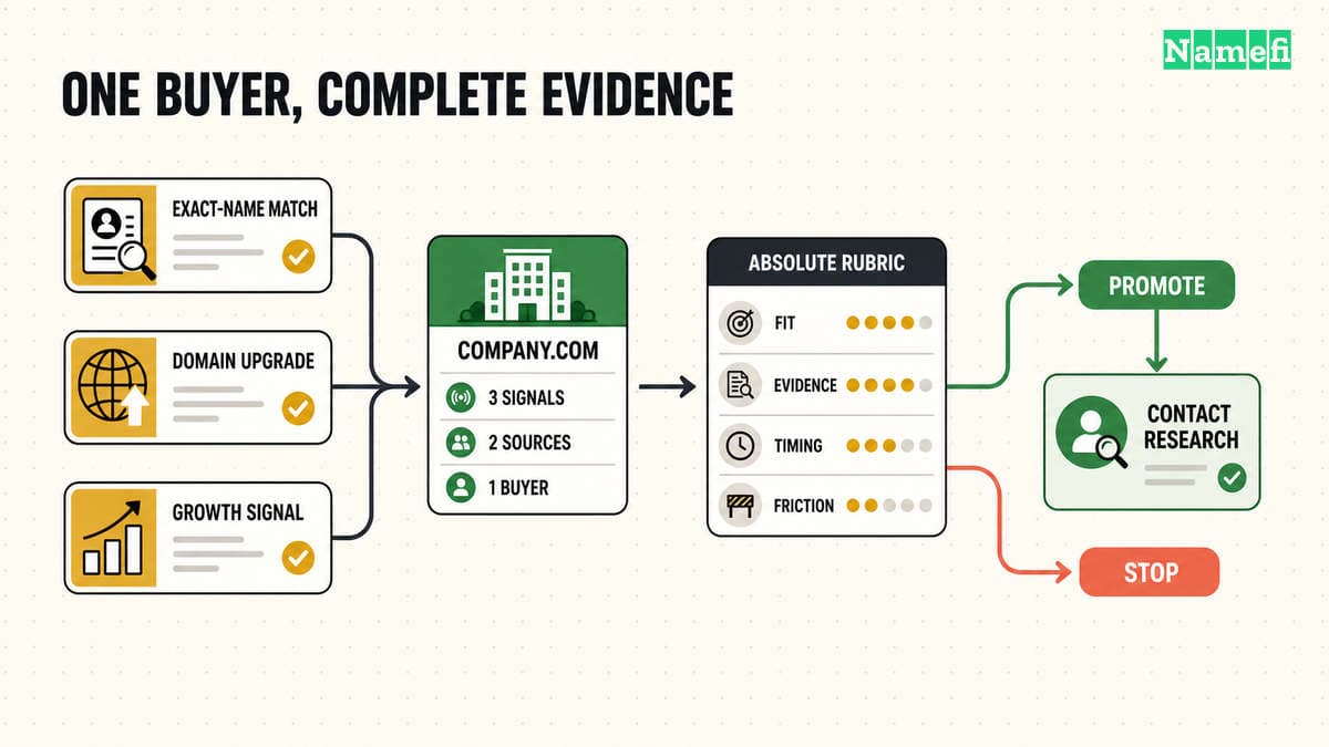 Editorial evidence-flow diagram showing an exact-name match, domain-upgrade case, and growth signal merging into one canonical company buyer, passing through an absolute opportunity rubric, and reaching contact research only when promoted