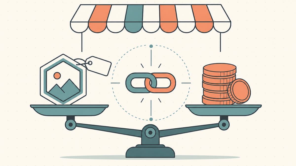 Editorial illustration of a balance scale showing a domain NFT token on one side and a stack of coins on the other, joined by an interlocking chain link at the center under a marketplace awning