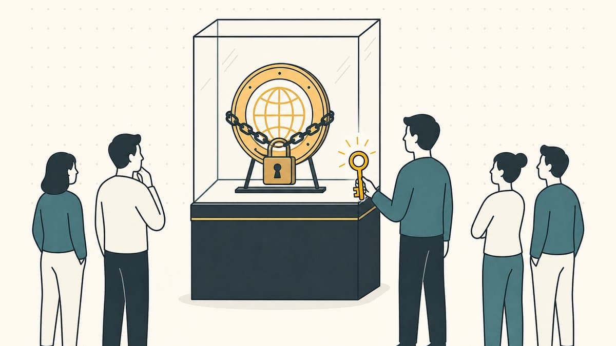 Editorial illustration of a domain NFT medallion locked in a glass display case visible to a small crowd, where only one specific person holds the matching golden key to open it