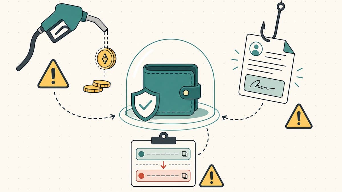 Editorial illustration of a wallet protected under a glass dome with a shield, surrounded by warning-flagged hazards: a gas pump dripping a coin, a phishing hook snagging a signature-approval document, and a clipboard showing a swapped address