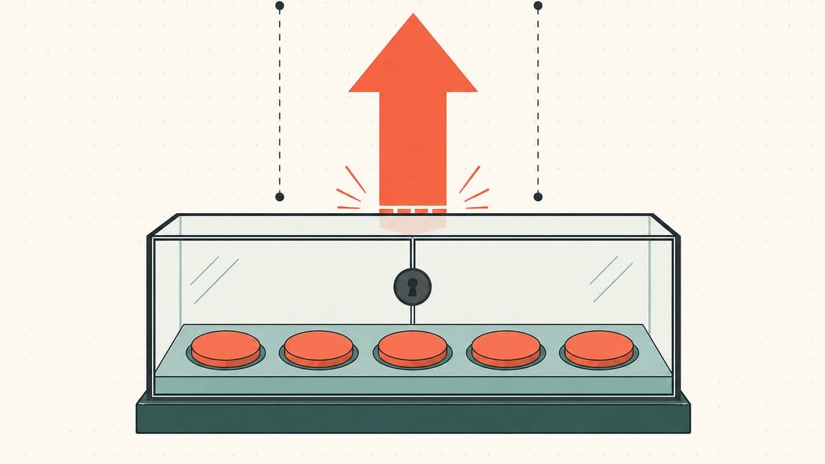 Editorial illustration of a locked glass display case holding a fixed, finite set of identical tokens while a coral demand arrow pushes upward against the sealed supply