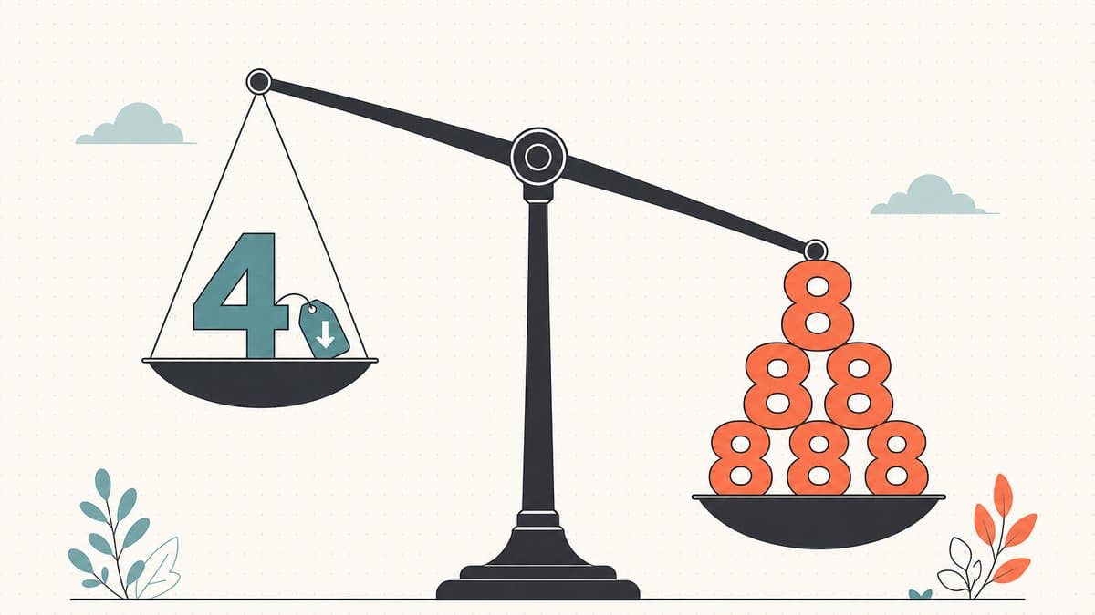 Editorial illustration of a balance scale tipped toward a tall stack of lucky coral 8 digits against a single discounted teal 4 digit, showing Chinese numerology as a price input