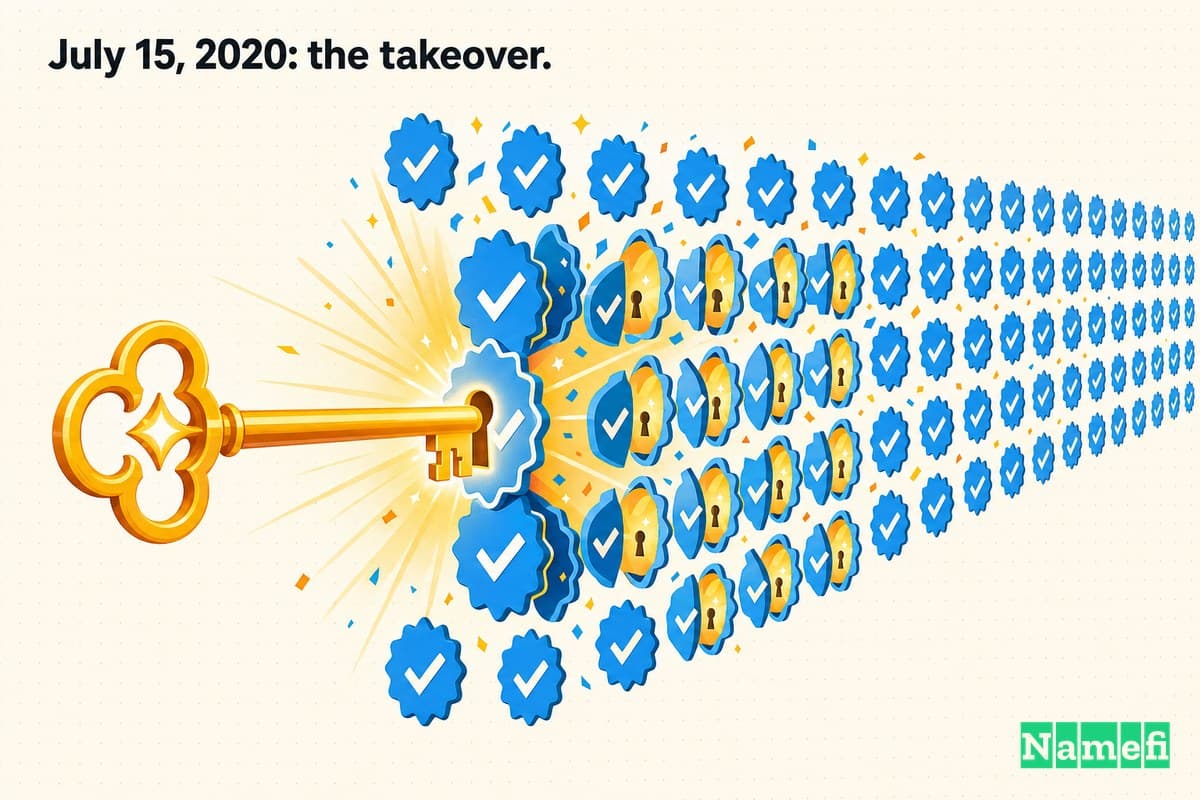 Vivid colorful concept art of a single glowing master key unlocking a vast wall of identical generic blue verified badges, each badge popping open in sequence