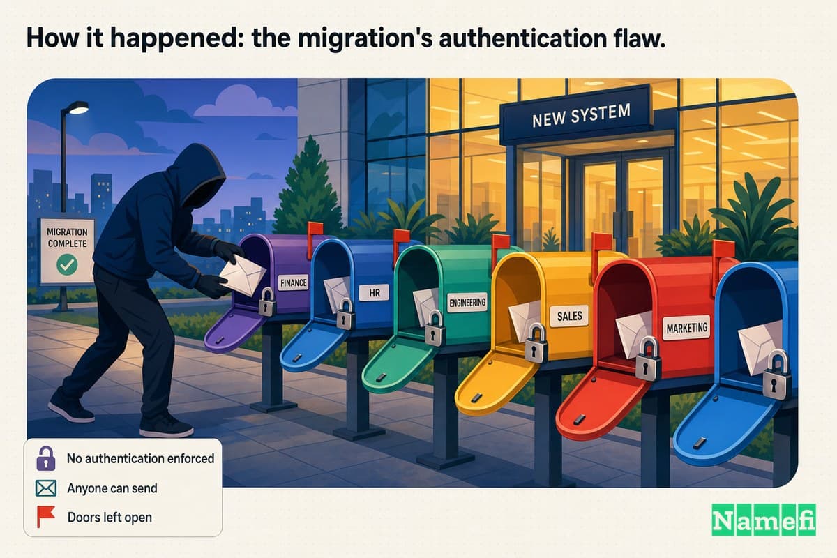Vivid colorful concept-art illustration of a long row of mailboxes outside a new building, each mailbox door hanging open and unlocked, a faceless figure quietly slipping letters into one before the rightful owner arrives, warm and cold light contrast