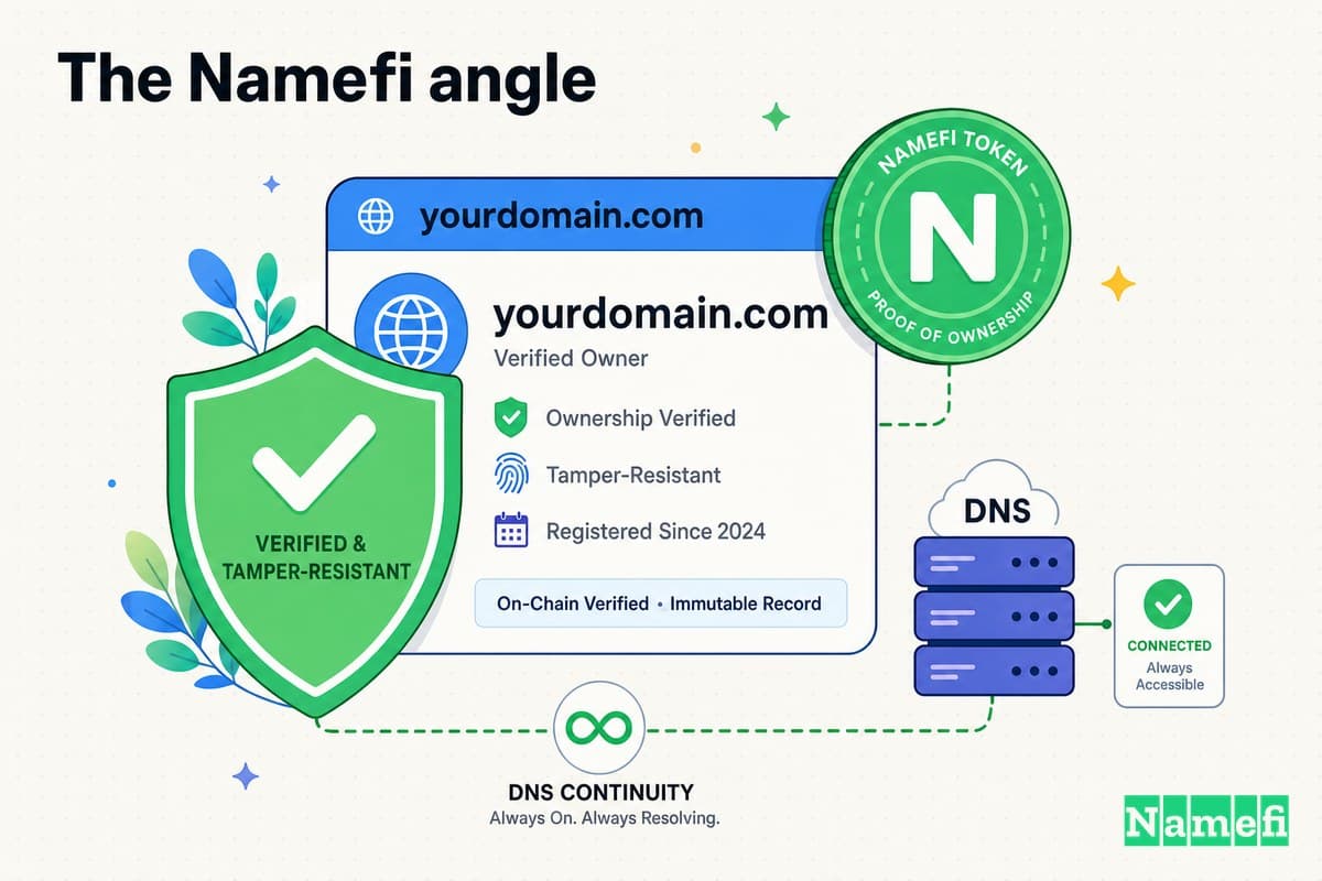 Colorful illustration of verifiable, tamper-resistant domain ownership — a domain card secured by a green shield, a green Namefi token, and DNS continuity