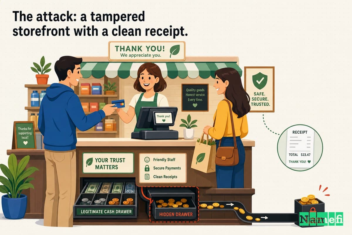 Vivid colorful concept art of a trusted, friendly-looking storefront whose cash register has been quietly tampered with, an extra hidden drawer siphoning coins while customers smile and pay normally