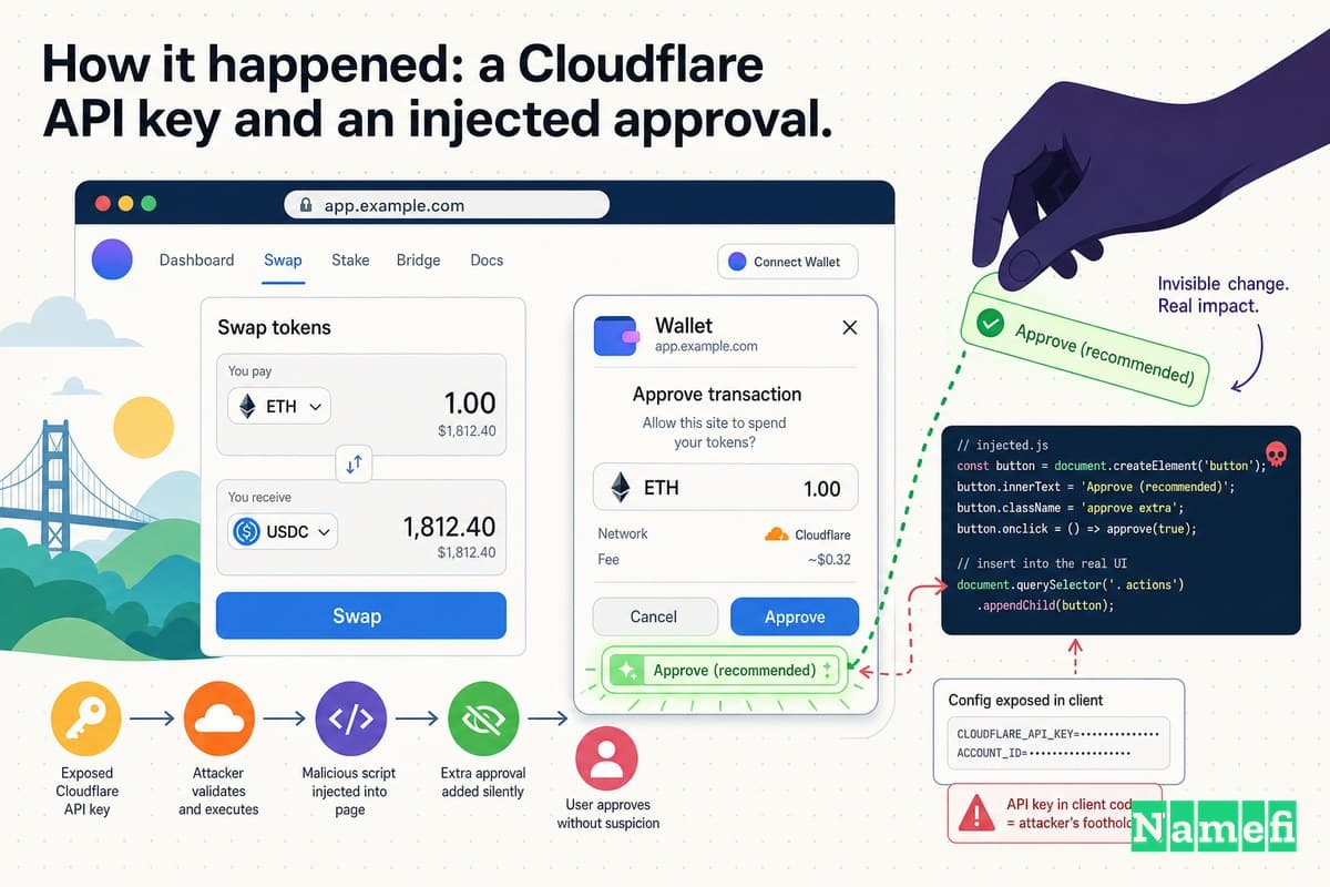 Vivid colorful concept art of an invisible hand quietly adding one extra glowing approve button to a wallet pop-up while the real interface looks calm and trustworthy, a single malicious line of code slipping into a friendly web page