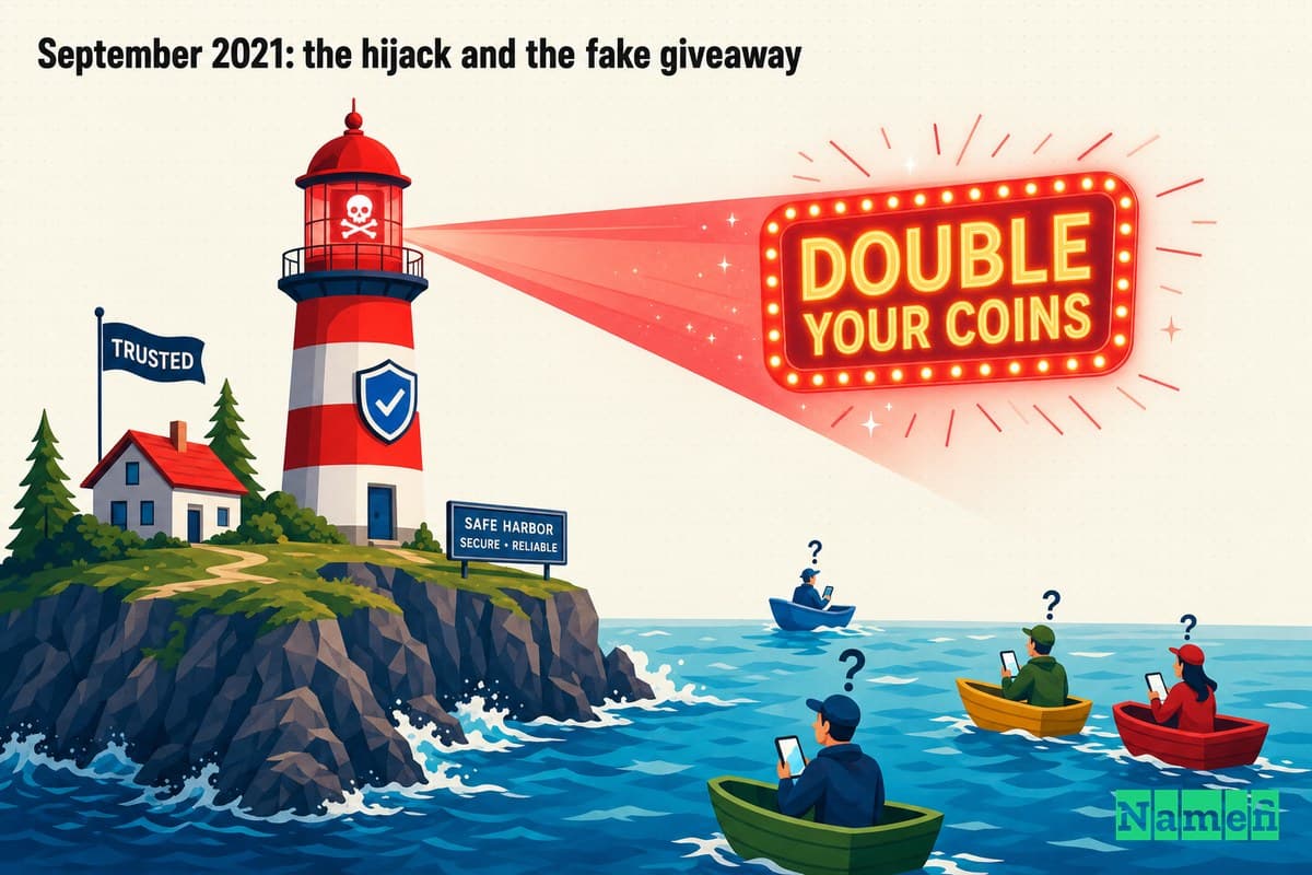 Vivid colorful concept art of a trusted coastal lighthouse domain that has been hijacked, its beam now flashing a glowing fake sign reading double your coins out over the water toward small boats